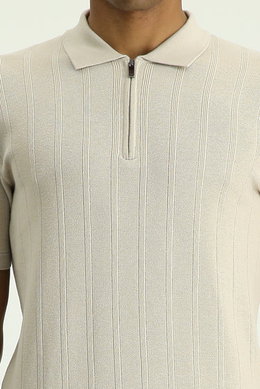 Açık Bej Polo Yaka Regular Fit Fermuarlı Desenli Pamuklu Tişört