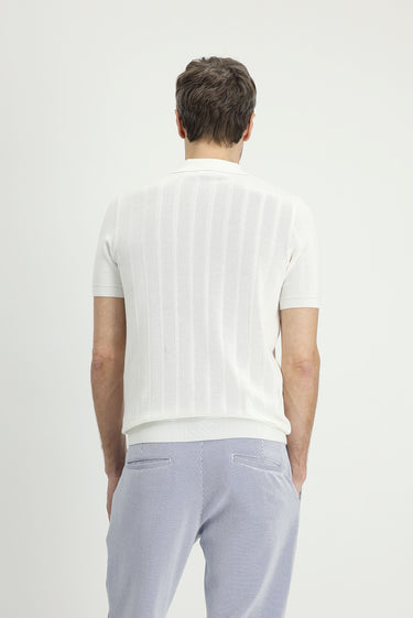 Kırık Beyaz Polo Yaka Regular Fit Fermuarlı Desenli Pamuklu Tişört