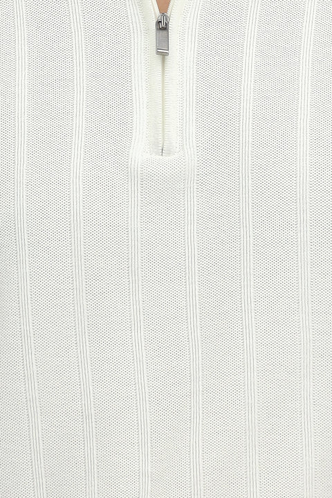 Kırık Beyaz Polo Yaka Regular Fit Fermuarlı Desenli Pamuklu Tişört