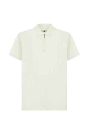 Kırık Beyaz Polo Yaka Regular Fit Fermuarlı Desenli Pamuklu Tişört