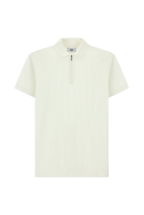 Kırık Beyaz Polo Yaka Regular Fit Fermuarlı Desenli Pamuklu Tişört