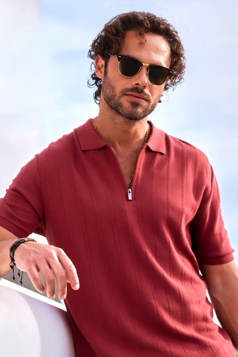 Gül Kurusu Polo Yaka Regular Fit Fermuarlı Desenli Pamuklu Tişört