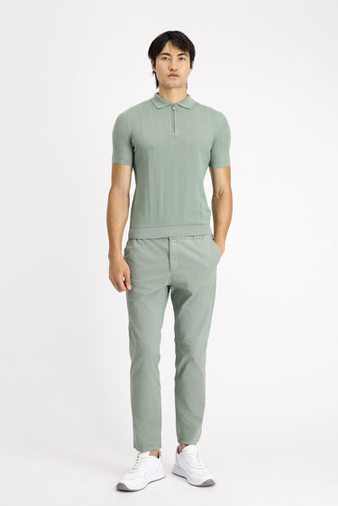 Çağla Yeşili Polo Yaka Regular Fit Fermuarlı Desenli Pamuklu Tişört