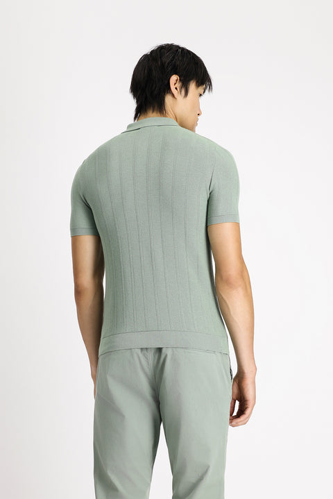 Light Green Polo Collar Regular Fit Zip-Up Patterned Cotton T-Shirt