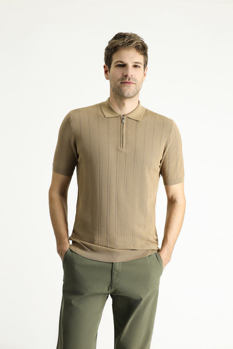 Orta Vizon Polo Yaka Regular Fit Fermuarlı Desenli Pamuklu Tişört