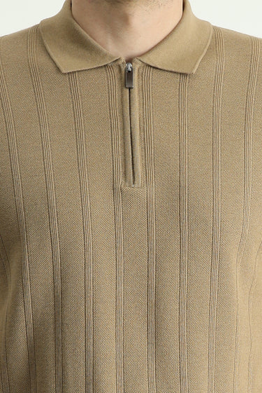 Orta Vizon Polo Yaka Regular Fit Fermuarlı Desenli Pamuklu Tişört