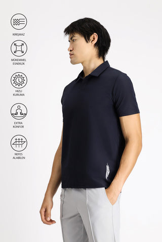  Koyu Lacivert Techno-Line Polo Yaka Regular Fit Baskılı Tişört