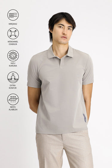 Açık Vizon Techno-Line Polo Yaka Regular Fit Baskılı Tişört