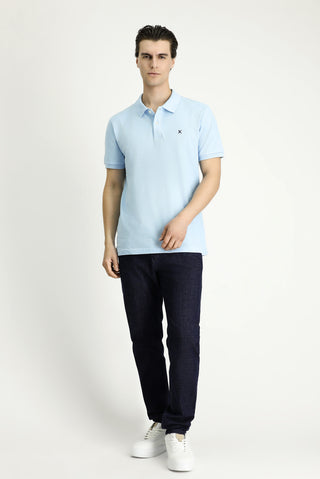  Açık Mavi Slim Fit Dar Kesim Nakışlı Pamuk Polo Yaka Tişört
