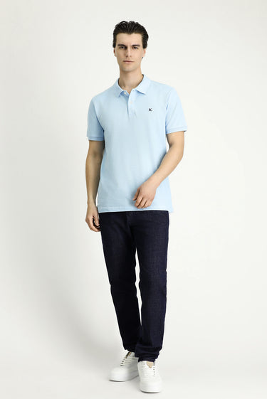  Açık Mavi Slim Fit Dar Kesim Nakışlı Pamuk Polo Yaka Tişört