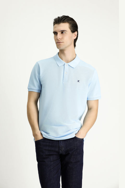 Açık Mavi Slim Fit Dar Kesim Nakışlı Pamuk Polo Yaka Tişört