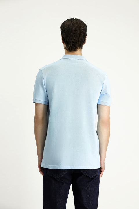 Açık Mavi Slim Fit Dar Kesim Nakışlı Pamuk Polo Yaka Tişört