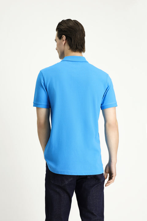 Koyu Mavi  Slim Fit Dar Kesim Nakışlı Pamuk Polo Yaka Tişört