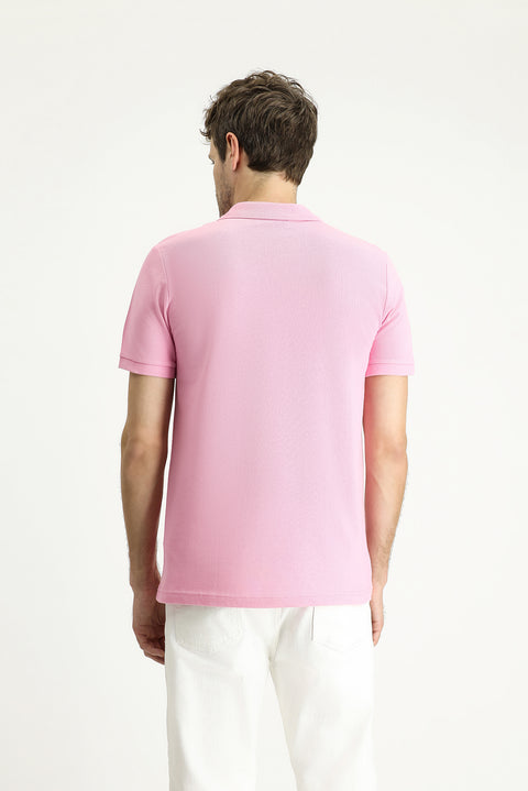 Orta Pembe Slim Fit Dar Kesim Nakışlı Pamuk Polo Yaka Tişört
