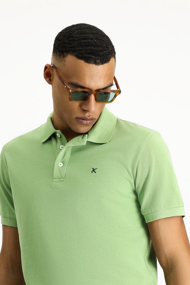 Çimen Yeşili Slim Fit Dar Kesim Nakışlı Pamuk Polo Yaka Tişört