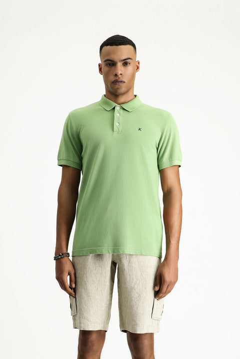 Çimen Yeşili Slim Fit Dar Kesim Nakışlı Pamuk Polo Yaka Tişört
