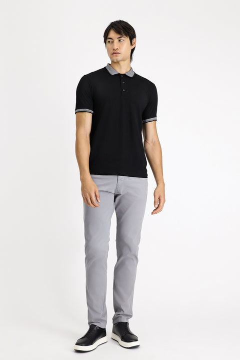 Siyah Polo Yaka Slim Fit Dar Kesim Desenli Pamuklu Tişört