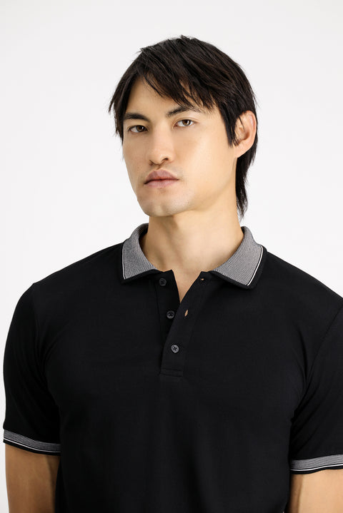 Black Polo Collar Slim Fit Narrow Cut Patterned Cotton T-shirt