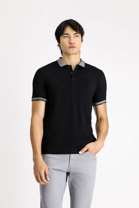 Siyah Polo Yaka Slim Fit Dar Kesim Desenli Pamuklu Tişört