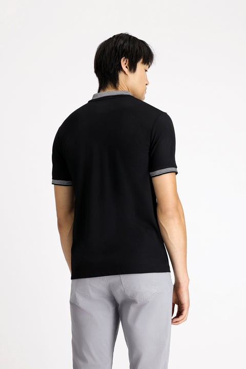 Siyah Polo Yaka Slim Fit Dar Kesim Desenli Pamuklu Tişört