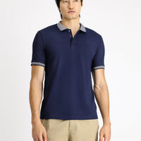 Orta Lacivert Polo Yaka Slim Fit Dar Kesim Desenli Pamuklu Tişört