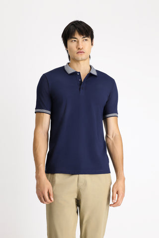  Orta Lacivert Polo Yaka Slim Fit Dar Kesim Desenli Pamuklu Tişört