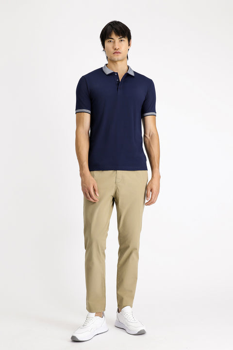 Medium Navy Polo Collar Slim Fit Narrow Cut Patterned Cotton T-shirt