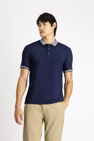  Orta Lacivert Polo Yaka Slim Fit Dar Kesim Desenli Pamuklu Tişört