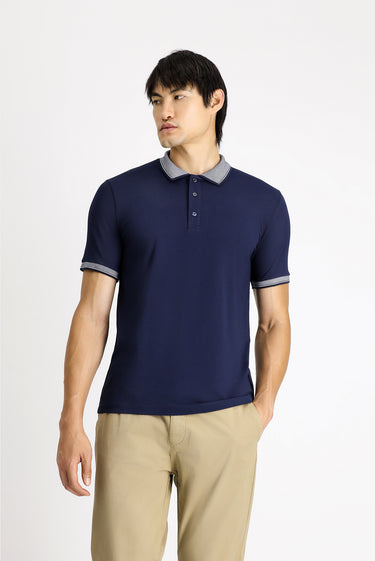 Orta Lacivert Polo Yaka Slim Fit Dar Kesim Desenli Pamuklu Tişört