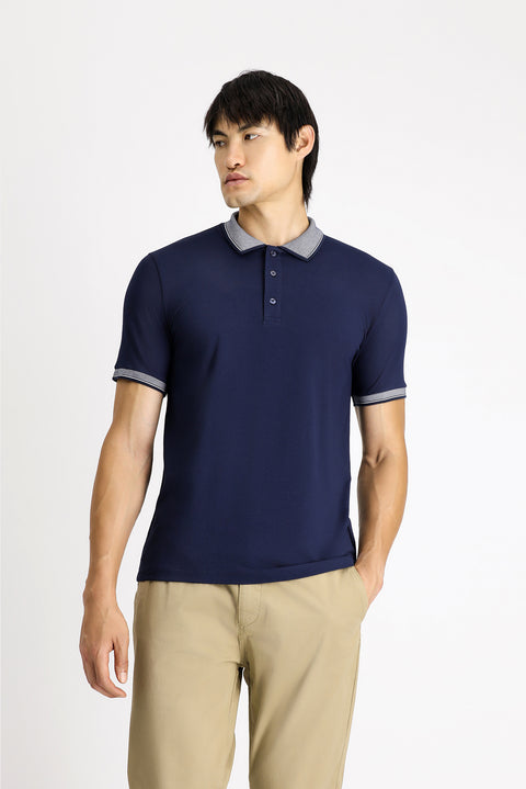 Orta Lacivert Polo Yaka Slim Fit Dar Kesim Desenli Pamuklu Tişört