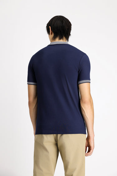 Orta Lacivert Polo Yaka Slim Fit Dar Kesim Desenli Pamuklu Tişört