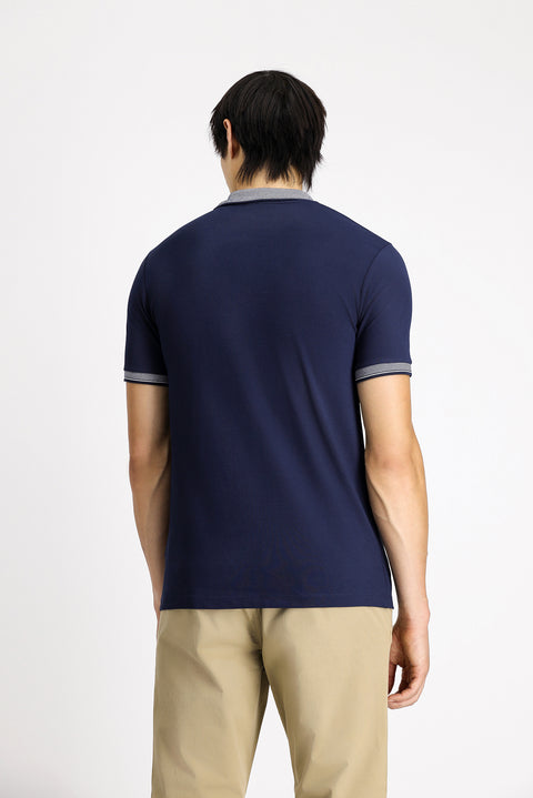 Orta Lacivert Polo Yaka Slim Fit Dar Kesim Desenli Pamuklu Tişört