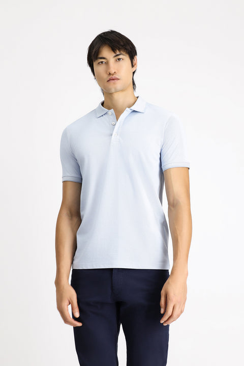 Açık Mavi Polo Yaka Slim Fit Dar Kesim Desenli Pamuklu Tişört