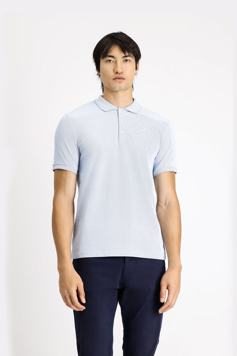 Açık Mavi Polo Yaka Slim Fit Dar Kesim Desenli Pamuklu Tişört