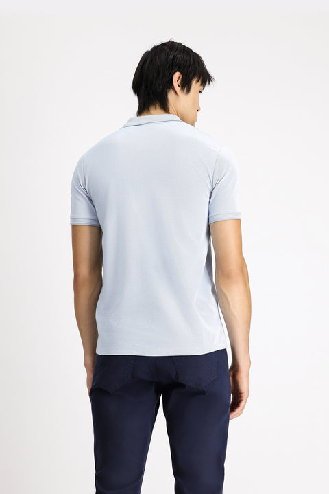 Açık Mavi Polo Yaka Slim Fit Dar Kesim Desenli Pamuklu Tişört