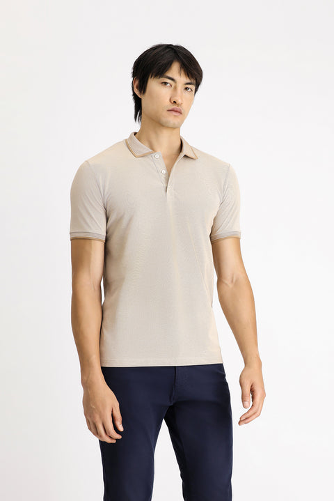 Açık Bej Polo Yaka Slim Fit Dar Kesim Desenli Pamuklu Tişört