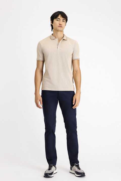 Açık Bej Polo Yaka Slim Fit Dar Kesim Desenli Pamuklu Tişört