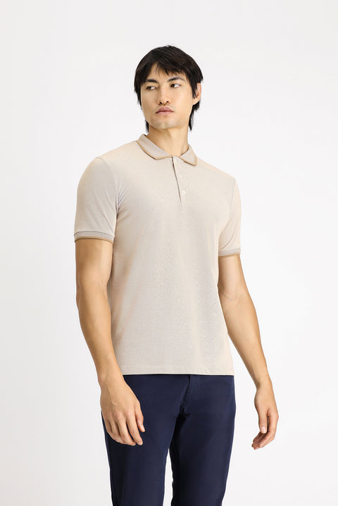 Açık Bej Polo Yaka Slim Fit Dar Kesim Desenli Pamuklu Tişört
