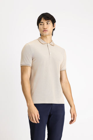  Açık Bej Polo Yaka Slim Fit Dar Kesim Desenli Pamuklu Tişört
