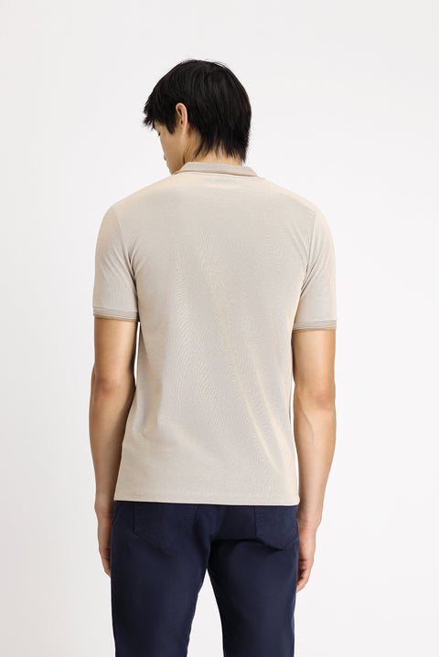 Açık Bej Polo Yaka Slim Fit Dar Kesim Desenli Pamuklu Tişört