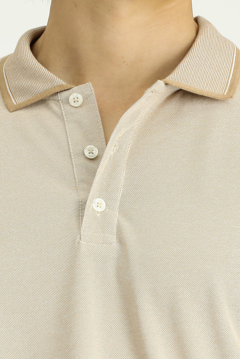 Açık Bej Polo Yaka Slim Fit Dar Kesim Desenli Pamuklu Tişört