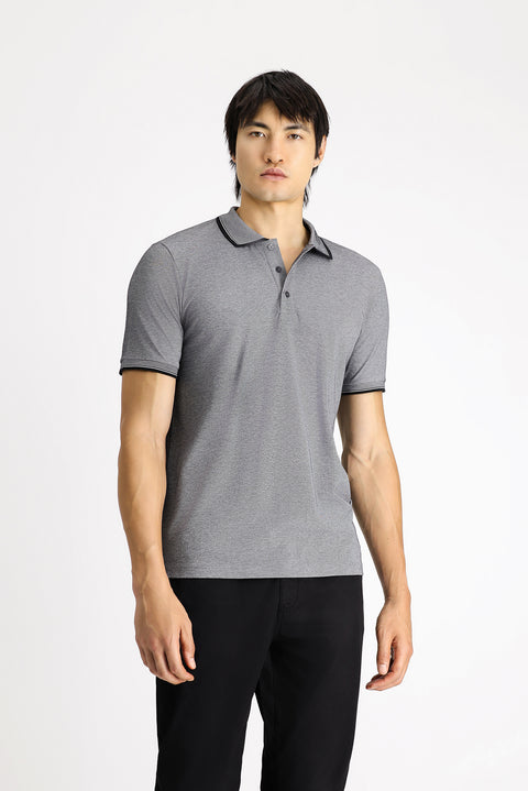 Orta Antrasit Polo Yaka Slim Fit Dar Kesim Desenli Pamuklu Tişört