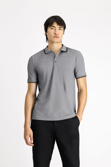 Orta Antrasit Polo Yaka Slim Fit Dar Kesim Desenli Pamuklu Tişört