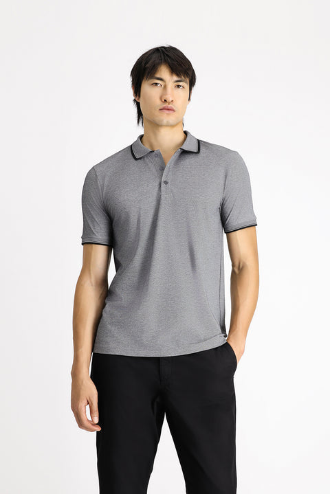 Orta Antrasit Polo Yaka Slim Fit Dar Kesim Desenli Pamuklu Tişört