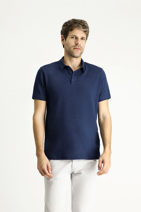 Koyu Lacivert Polo Yaka Slim Fit Dar Kesim Keten Karışımlı Tişört