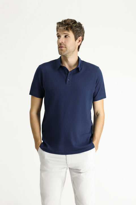 Koyu Lacivert Polo Yaka Slim Fit Dar Kesim Keten Karışımlı Tişört