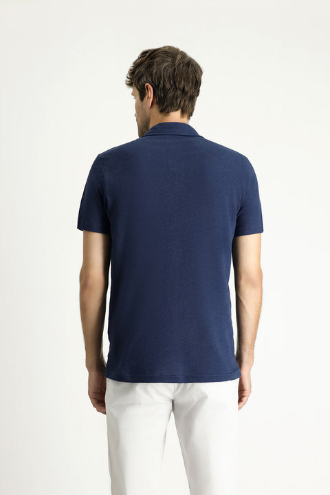 Koyu Lacivert Polo Yaka Slim Fit Dar Kesim Keten Karışımlı Tişört