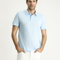 Açık Mavi Polo Yaka Slim Fit Dar Kesim Keten Karışımlı Tişört