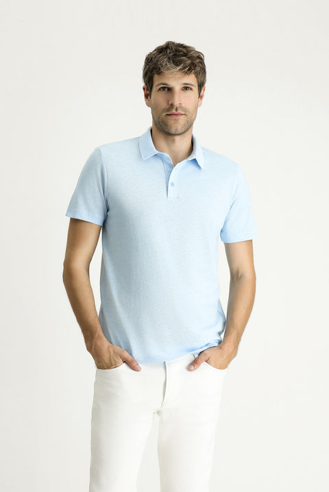 Açık Mavi Polo Yaka Slim Fit Dar Kesim Keten Karışımlı Tişört