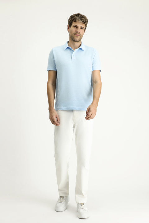 Açık Mavi Polo Yaka Slim Fit Dar Kesim Keten Karışımlı Tişört
